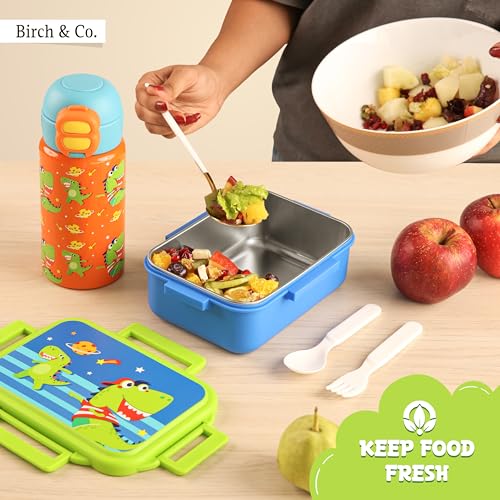 Image of Tiffin Box for School - Lunch Box for Kids Boys - Snacks Boxes for Girls - 900 ml Stainless Steel Tiffin Box, Leak-Proof 4-Side Locks, BPA-Free Food-Grade Material with Removable Divider, Dinos