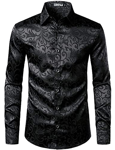 PARKLEES Herren Luxus Jacquard Langarm Kleid Shirt Slim Fit Satin Slik Like Floral Printend Shirts für Hochzeit Party Abschlussball, Schwarz , M