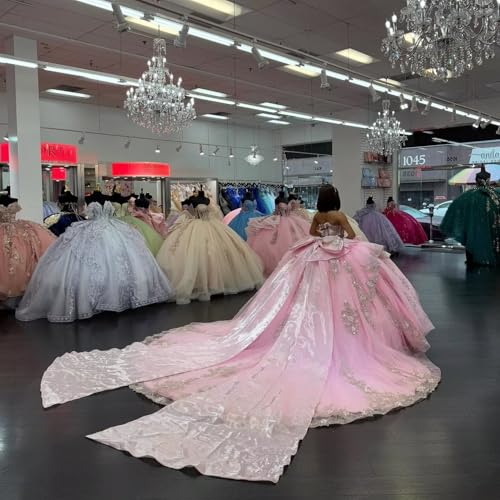Silver Appliques Quinceanera Dresses with Big Bow Puffy Shiny Ball Gown with Train Glitter XV Dress YU0193