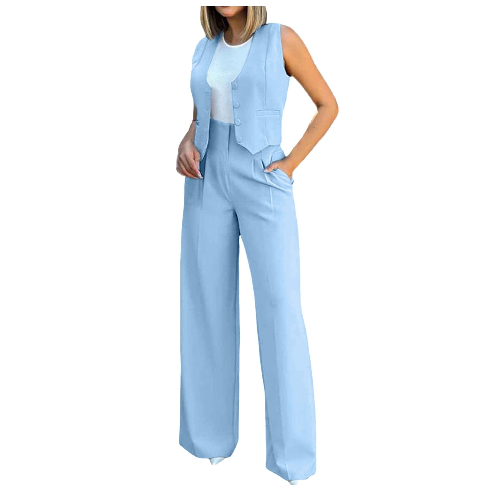 Conjunto de 2 piezas de blazer formal de algodón y lino, ajustado, sin mangas, chaleco con botones, pantalones de pierna ancha, conjunto de blazer, traje de chaleco y pantalones, trajes de trabajo