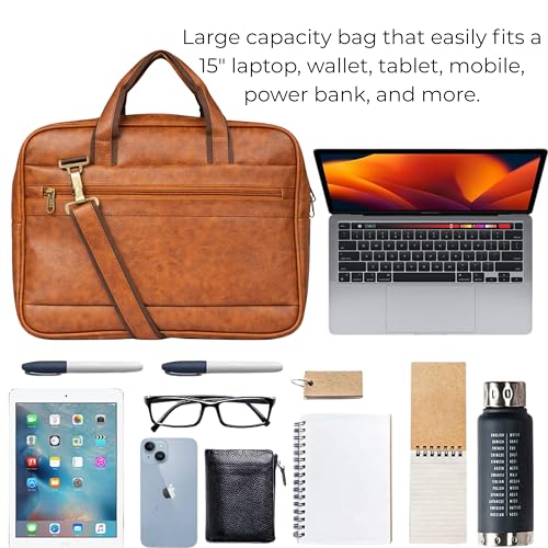 Image of Mihaa Laptop Bags for Man | Leather Laptop Bags for Men Office | Upto 15.6 Inch | Water Resistant | Multiple Organisers | PU Leather | Professional Office Bag - [Brown]