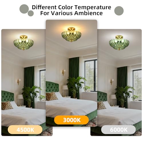 Image of Semi Flush Mount Ceiling Light, Gold Vintage Hallway Light Fixture with Green Glass 11.8 Inch, Close to Ceiling Light for Hallway Living Room Bedroom Kitchen Bathroom Foyer, E26 Base