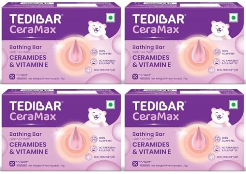 Image of Tedibar Ceramax Bathing Bar - 75g Enriched with Ceramides & Vitamin E |100% Soap Free| Skin friendly pH - By Torrent Pharma, Pack of 4