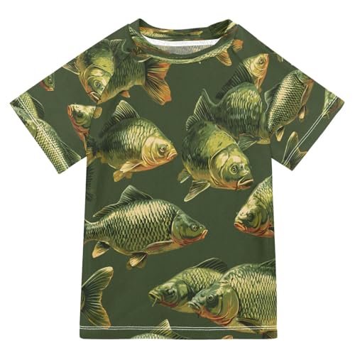 Boys Short Sleeve T-Shirts Bass Carp Fish Blue Rashguard Kids Swim Shirts Sun UPF 50+