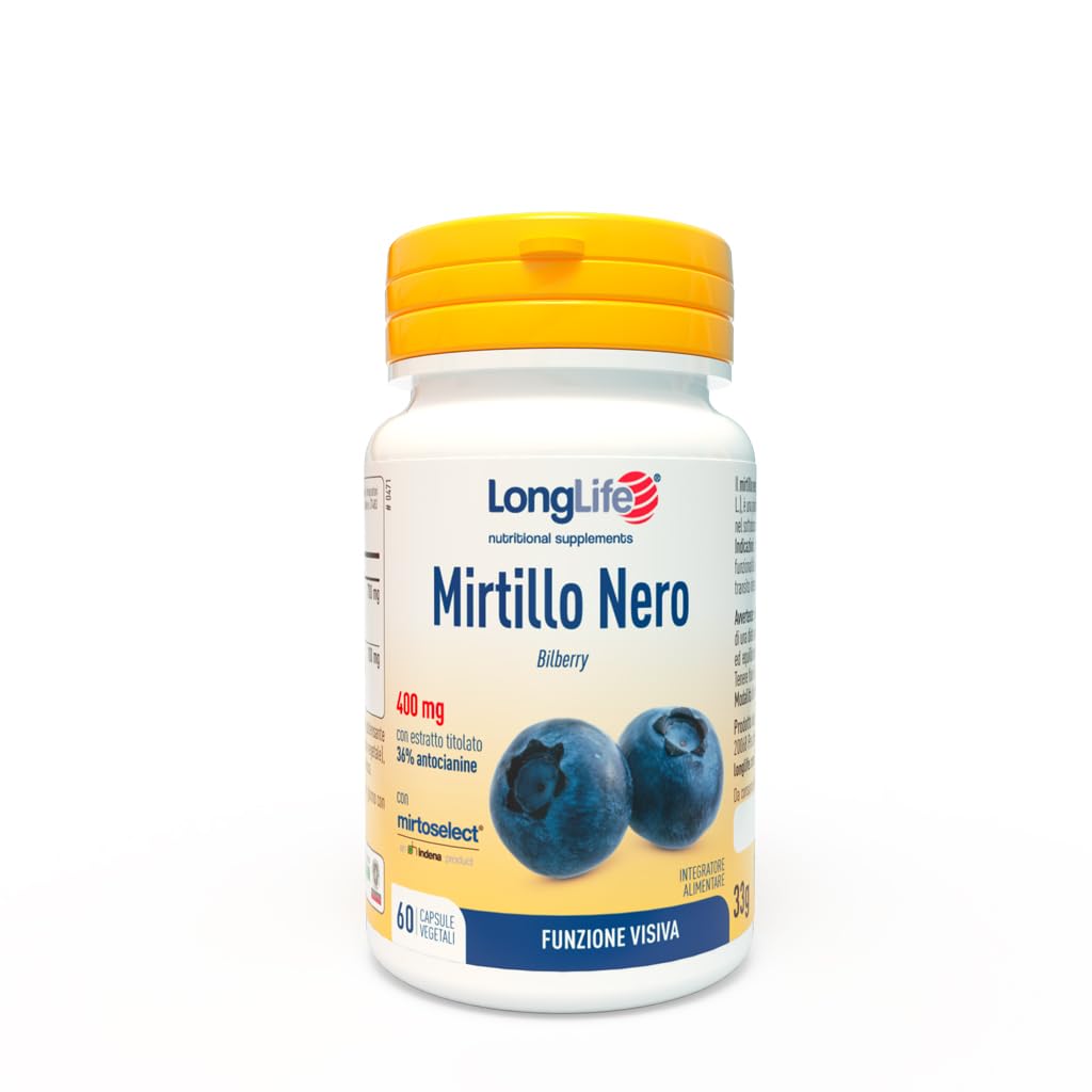 LongLife® Mirtillo Nero | Con estratto titolato al 36% in antocianosidi (Mirtoselect®) | Minimo 800mg | Benessere della vista e del microcircolo | Fino a 1 mese di trattamento | Vegano e senza glutine