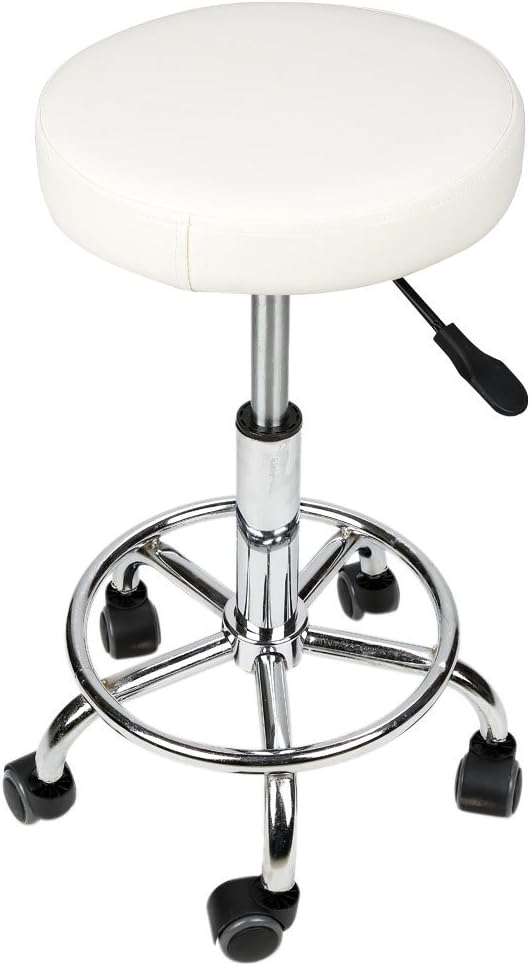 Adjustable Barber Salon Work Massage Stool Hydraulic Circular Cushion Rolling Chair with Foot Rest (Round, White)