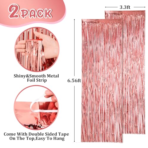 Image of Voircoloria 2 Pack Rose Gold Tinsel Foil Fringe Curtains, Rose Gold Party Decorations, Metallic Tinsel Party Streamers Backdrop for Birthday Baby Shower Graduation Wedding Party Decorations