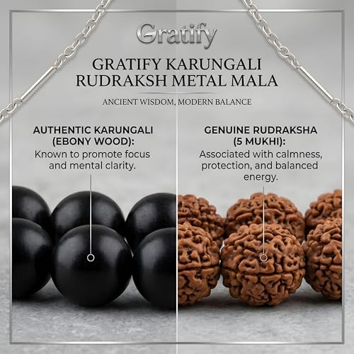 Image of Gratify Karungali Wood & Rudraksha Mala | 54 Natural Ebony Beads with 5 Mukhi Rudraksha Pendant | Silver Capped Spiritual Prayer Mala for Protection, Positivity & Meditation
