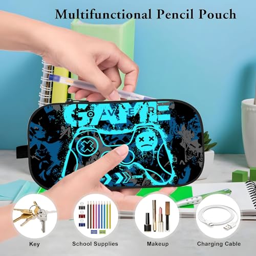Image of WOBAGMEN Double Layer Pencil Case with Handle Large Pencil Bag Cute Print Pencil Pouch for Boys Girls (Blue Game)