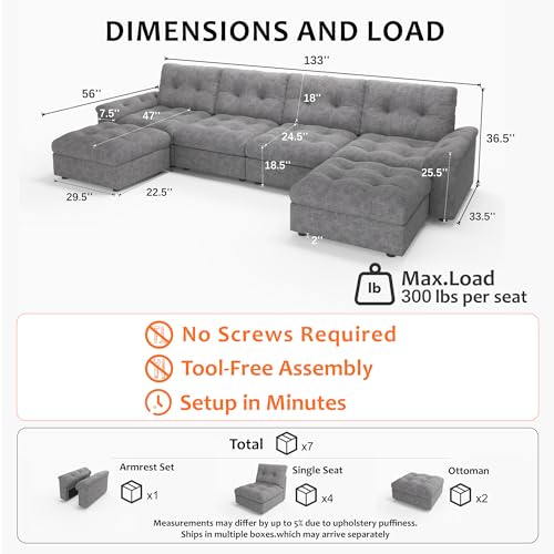 Image of Oversized Modular Sectional Sofa with Storage, Modern Deep Seat Cloud Couch for Living Room, L-Shaped Large Sectional Couch, 4 Seater with 2 Ottomans, Gray