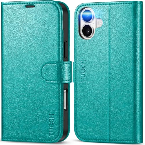 TUCCH Wallet Case for iPhone 16 Plus, [RFID Blocking] 4 Card Holder Kickstand [Shockproof TPU Interior Case] PU Leather Magnetic Protective Flip Cover Compatible with iPhone 16 Plus, Cyan