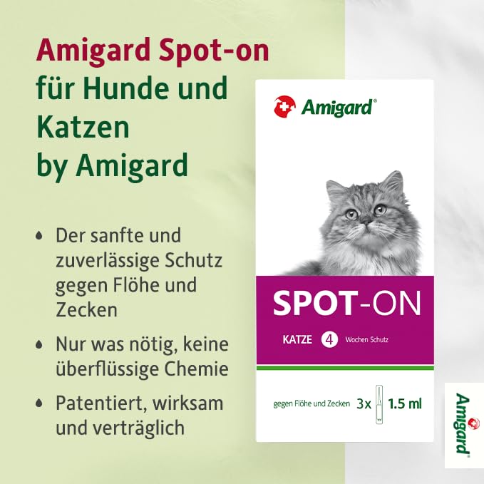 Amigard Spot-On 3er Pack für Katzen, gegen Zecken und Flöhe, 3X 1 Monat Schutz, pflanzliche Wirkstoffe, ohne Parfüm und Konservierungsmittel, vegan