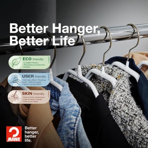 MAWA Kleiderbügel, Set mit 50 platzsparenden und rutschfesten Bügeln, ideal für Hemden und Blusen, mit 360°drehbarem Haken, Antirutschbeschichtung, 45 cm, Weiß
