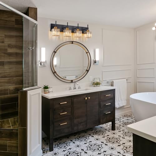 Image of Black and Gold Bathroom Light Fixture,4-Lights Crystal Vanity Lights Fixtures with Square Crystal Shade Metal Base,Modern Black and Brass Bathroom Lights Over Mirror