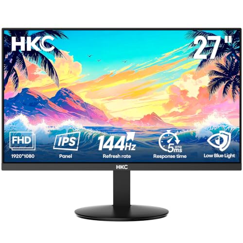 HKC Monitor 27 Pollici 144Hz, Monitor Gaming IPS Full HD 1080p, 99% sRGB, 5ms, Adaptive Sync, Angolo di Visione 178°, HDMI e VGA, VESA 100×100, Monitor PC Inclinabile per Ufficio e Gaming