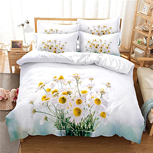 Wnyun Funda Nórdica Cama 90,Juego de Funda Edredón 150x200 cmImpresa En 3D Flor De La Margarita Blanca Juego De 3 Piezas De Ropa De Cama con 2 Fundas De Almohada,Cierre De Cremallera
