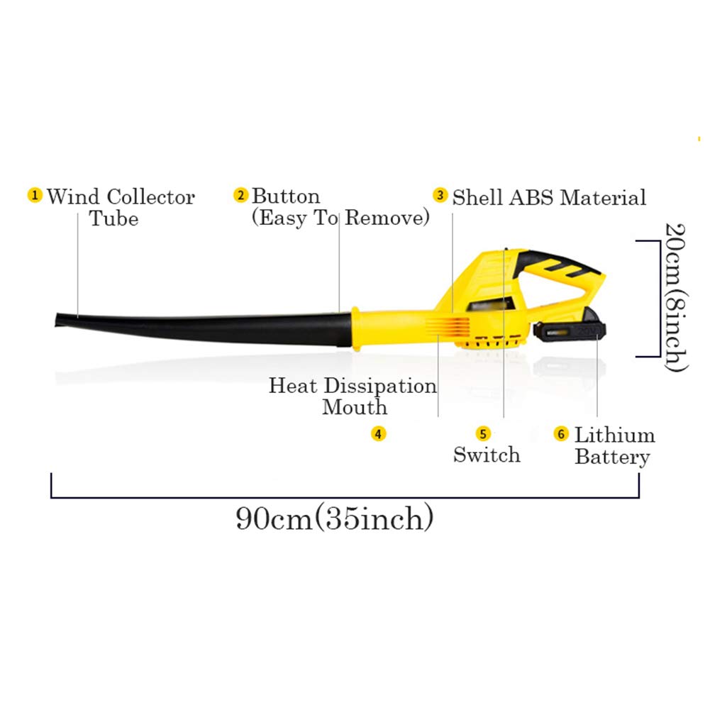 Giallo Soffiatore per Foglie Elettrico A Batteria con Batteria agli Ioni di Litio e Caricabatterie,Soffiatore di Foglie Portatile A 6 Marce,per La Pulizia di Terrazze/Giardino