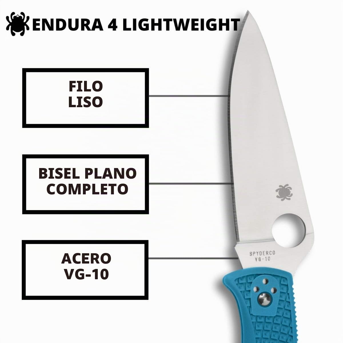 SPYDERCO Endura 4 Lightweight - Mango: FRN * Azul_Filo: Liso | Longitud total de 8.7 pulgadas, hoja de acero VG-10 de 3.8 pulgadas, mango FRN, bloqueo trasero, molienda completamente plana