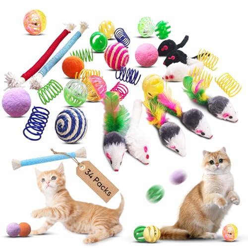 YULOYI Cat Toys for Indoor Cats, 34 Packs Interactive Cat Toy Set with Colorful Springs Toys, Mouse Toy, Catnip Ropes, Balls, Bells, and Sisal Ball for Kittens