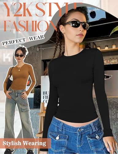 Womens Crew Neck Basic Long Sleeve T Shirt Slim Fit Tees 2025 Fall Y2k Going Out Crop Tops Cute Tight Shirts4