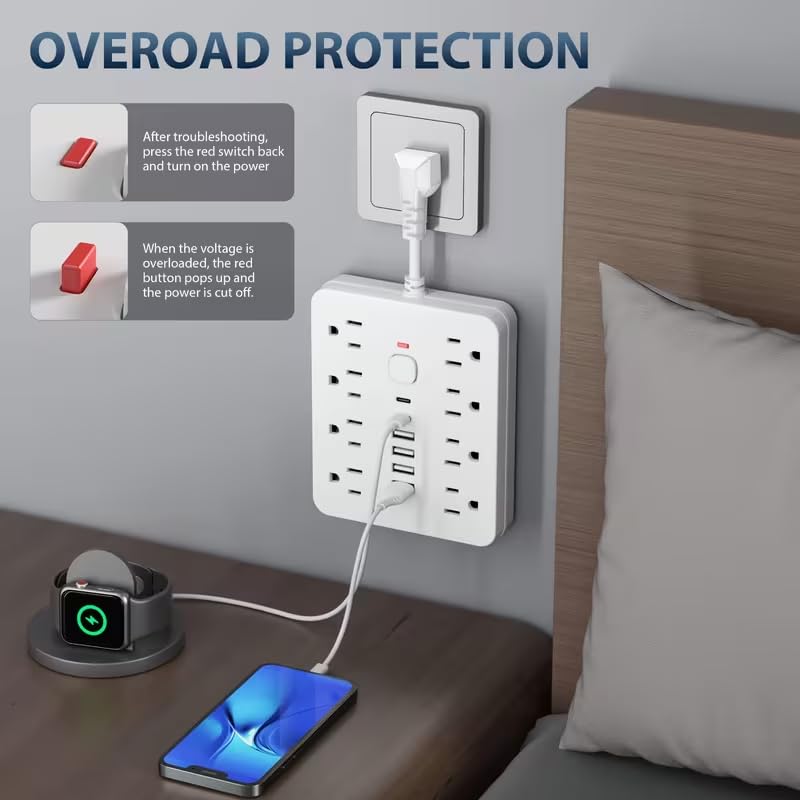 Multitoma con protección contra sobretensiones - 8 tomas con 6 puertos USB (2 USB C), cable de extensión de 9.8 pulgadas, montable en pared para oficina, estudio, hogar y escuela - Enchufe US miniatura 4