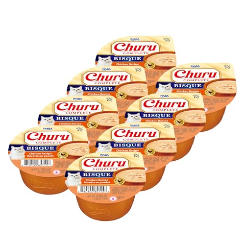 INABA Churu Complete Bisque for Cats Grain-Free High Protein & Moisture Wet Cat Food with Fish Oil 2.46oz. Cup 8 Cups Chicken Recipe