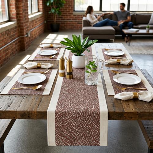 Image of YELONA Placemats and Table Runner Set - Heat Resistant, Non-Slip & Washable PVC Vinyl Dining Table Mats - Walnut Brown (4 Placemats: 45x30 cm, 1 Runner: 180x30 cm)