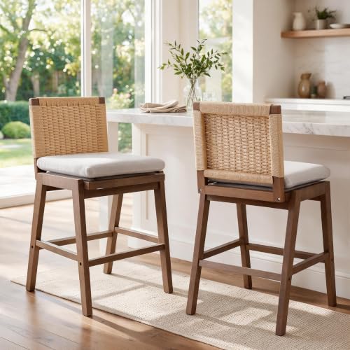 Image of 27 inch Woven Linen Counter Stools Set of 2, Beige