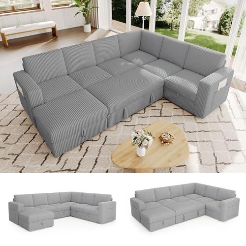 Image of 106.7 inch Corduroy Sectional Sleeper Sofa, Pull Out Couch with Storage, Gray | 7 Seat Comfy Couches for Living Room, Apartments, or Guest Spaces; Sectionals Modular Sofa Design, Comfortable Seating.