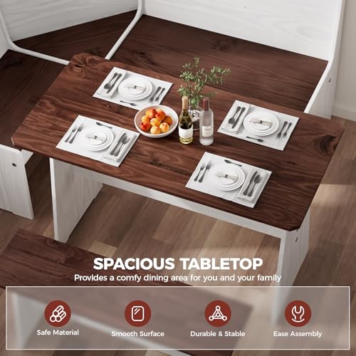 Image of Breakfast Nook Dining Table Set - Corner Dining Table Set for 4-6 People, Extra Long Solid Wood L Shaped Kitchen Nook Dining Set Space Saving Booth Seating with Bench for Small Spaces, White Brown