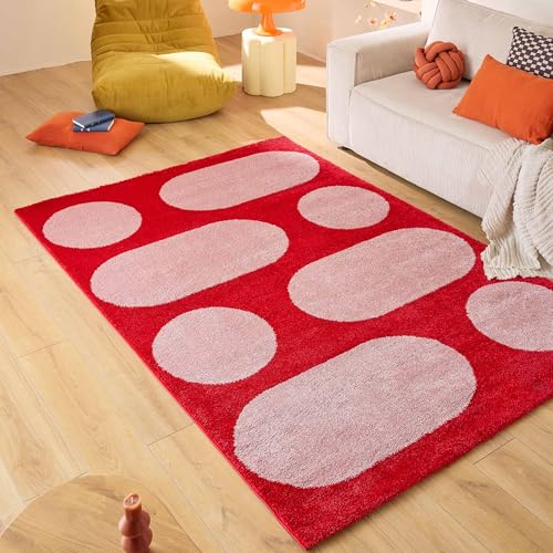 Nazar Tapis Groovy, Coloré, Vintage, Rétro, Géométrique, Orange, Jaune, Rose, Rouge, Moelleux et Confortable, Tapis Salon (381 Rouge, 120x160 cm)