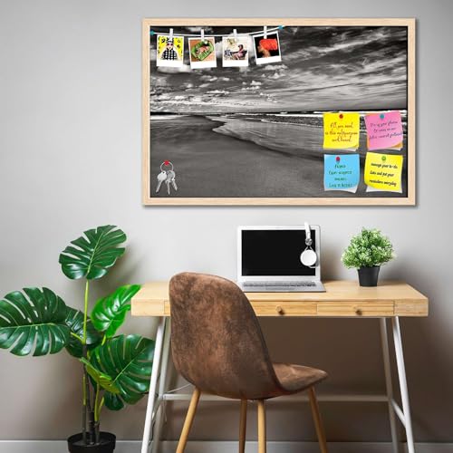 Image of ArtzFolio Sea, Air, & Land Monochrome Contrast | Bulletin Board Notice Pin Board | Vision Soft Board Combo with Thumb Push Pins & Sticky Notes | Natural Brown Frame | 17.5 x 12 inch (44 x 30 cms)