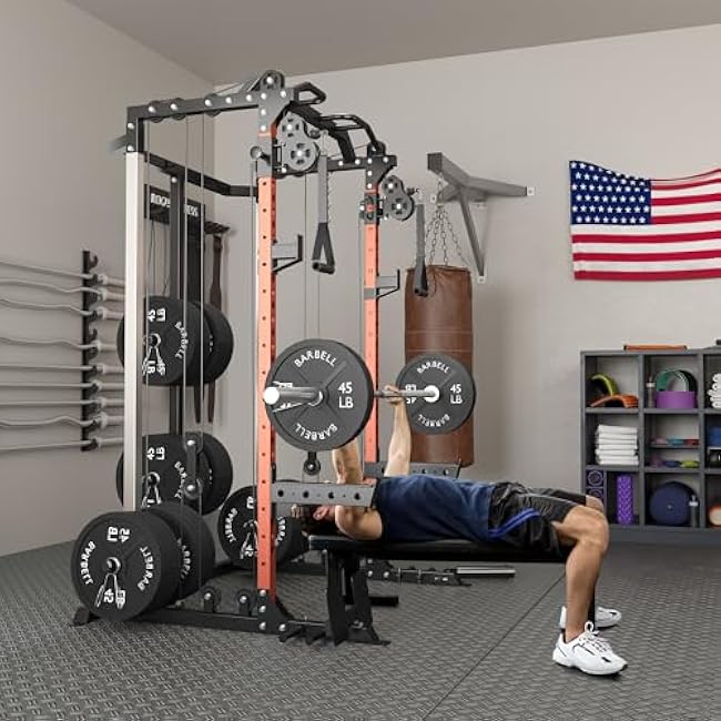 Power Cage, Power Rack with Dual Pulley System, Multi-Function Squat Rack with Cable Crossover, Home Gym Workout Machine