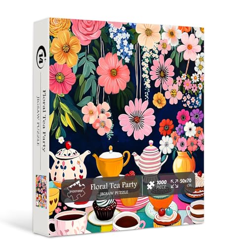 Flower 1000 Piece Puzzle for Adults, PICKFORU Colorful Tea Cups Wildflower Garden Jigsaw Puzzles, Hard Difficult Cupcake Afternoon Tea Theme as Art Decor