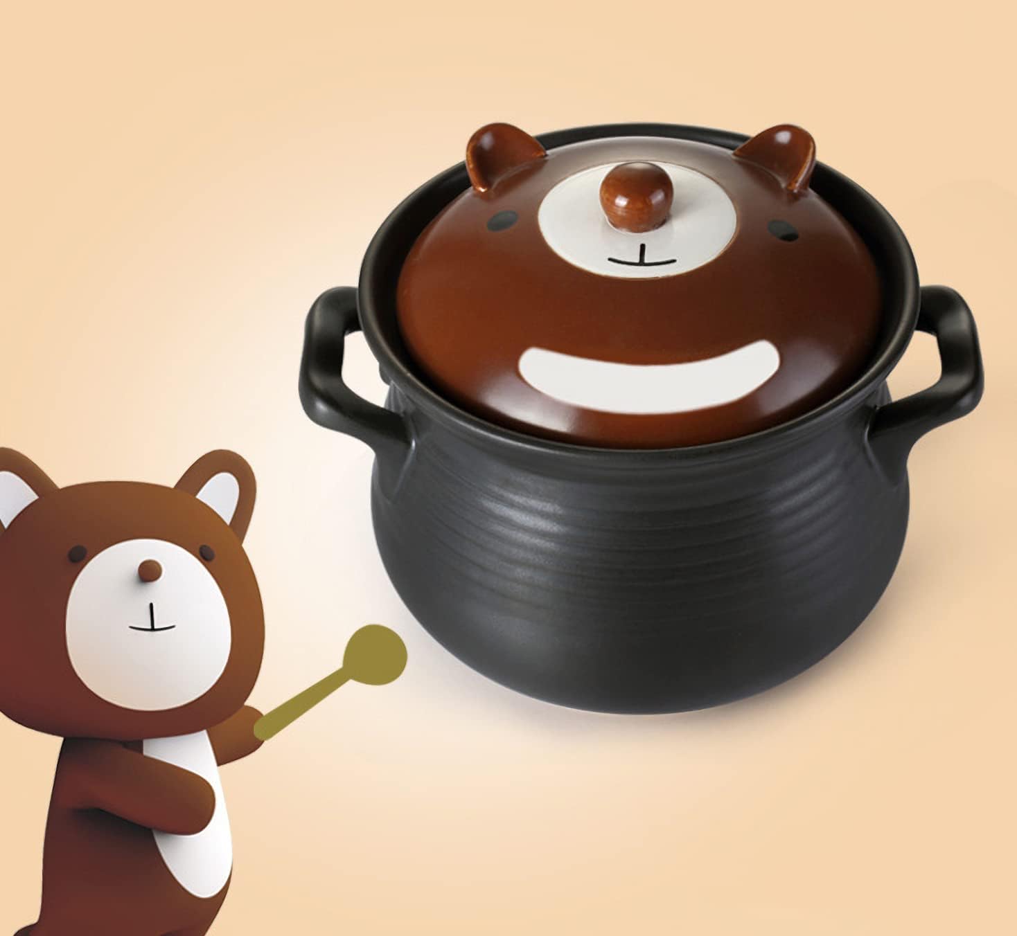 GALEBOVA Cute Bear Ceramic Stockpot 1.6 Quart, 1800ml