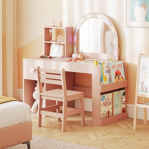 Image of HONEY JOY Kids Vanity with Lights and Open Bookshelf, Princess Makeup Dressing Desk, Storage Cabinet, Wooden Pretend Play Toddler Vanity Table & Chair Set with Lighted Mirror for Little Girls (Pink)