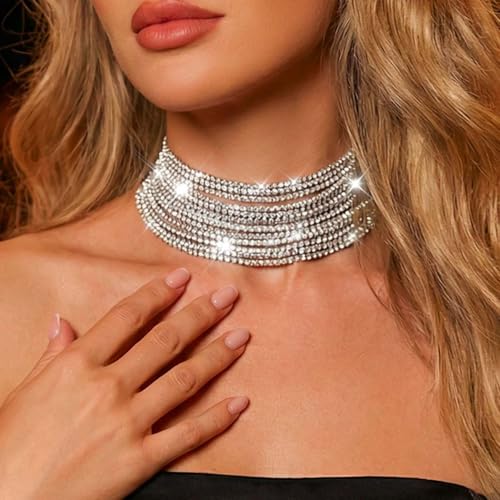 Reaky Choker-Halskette, Silber, Strass, mehrlagig, glitzernde Halsketten, Schmuck für Frauen (Silber), Einheitsgröße, Kristall