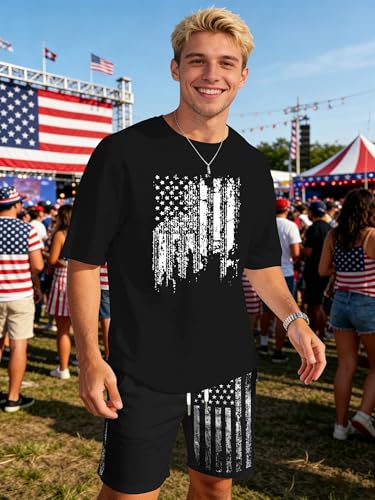 Image of Ithalt Patriotic Shirts for Men 4th of July Outfit 2 Piece Set Short Sleeve and Shorts American Flag 250th Anniversary