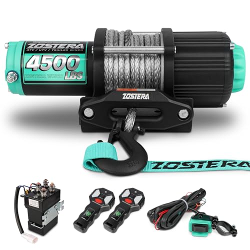 Image of 4500lbs ATV /UTV Winch with Synthetic Rope, Electric Boat Trailer Winch 12V, Waterproof Winch with 2 Wireless Remotes &Wired Switch,with Mounting Plate,Aluminium Fairlead