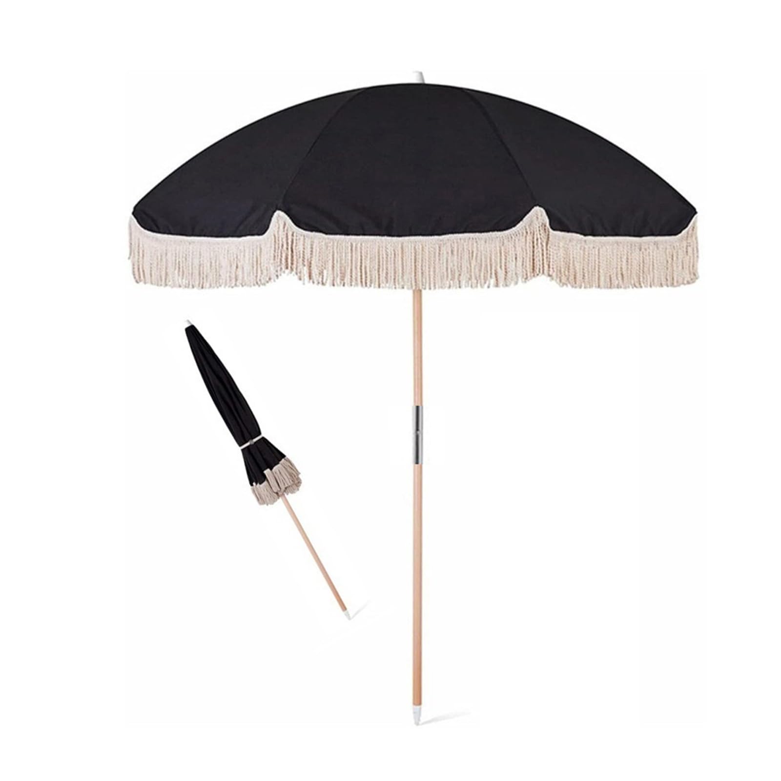 JEKKAH White/black Polyester Sun Umbrella, Folding Tassel Umbrella, 200CM Large Umbrella (Size : Black)