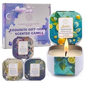 Scented Candle Gift Set for Women,4 Pack Square-Shaped Aromatherapy Candles, Organic Soy War Jar Candles for Housewarming Gift Set Vanilla, Freesia, Rose, Lemon Taper Candle