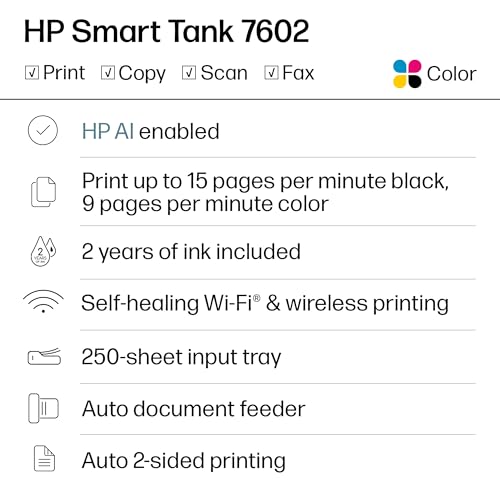 HP Smart Tank 7602 Wireless All-in-One Ink Tank Printer, Scanner, Copier with 2 years of ink included, Best-for-home office, Refillable, AI-enabled (28B98A)
