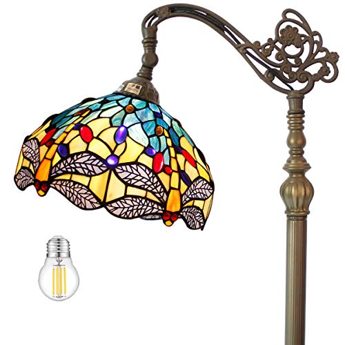 Tiffany Floor Lamp Dragonfly 64  Tall Industrial Pole Vintage Boho Blue Stained Glass Standing Corner Bright Reading Light LED Arched Gooseneck Adjustable-Living Room Kids Bedroom Farmhouse WERFACTORY