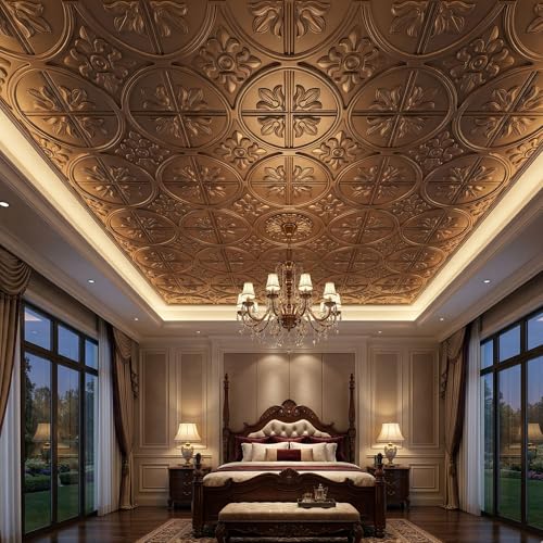 Image of Kayra Decor PVC Ceiling Panel 60x60 cm|Ornamental Floral Panel|Metallic Coffee|12 Tiles Cover 48 Sq Ft| Modern False Ceiling|Royal & Elegant Finish