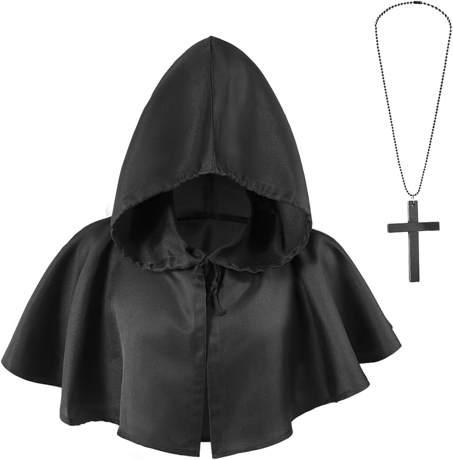 Hooded Cloak with Cross Vintage Medieval Cowl Hat Halloween Costume Cloak Unisex Hooded Cape Death Gothic Cloak Halloween Poncho Witch Wizard Vampire Costume Fancy Dress Cosplay Cape for Men Women