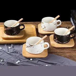 BonZeal Christmas Gifts Set of 4 Ceramic Marble Coffee Mug with Wood Coaster Teacup Set 250 ml
