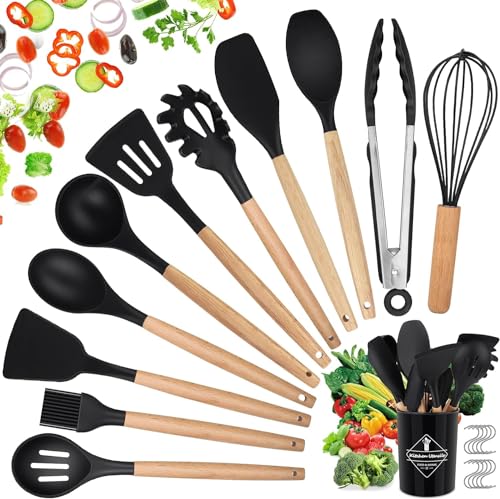 Efforias 22PCS Kitchen Utensils Set - Silicone Kitchen Cooking Utensils Set with Holder - Heat Resistant, Non Toxic-Wooden Handle -Kitchen Tools & Gadgets - Ideal for Cooking and Baking