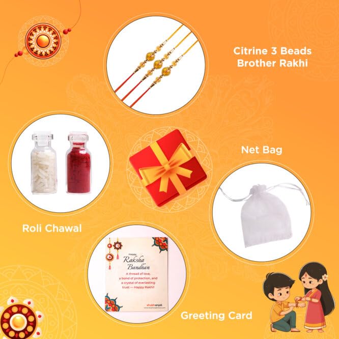 Image of Shubhanjali Crystal Beads Rakhi for Brother | Handmade Healing Crystal Stone Designer Rakhi for Bhaiya | Raksha Bandhan Gift Set with Roli Chawal, Kumkum, Greeting Card & Potli
