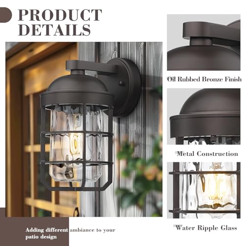 Image of Emliviar Rustic Outdoor Wall Lanterns 2Pcs, Exterior Nautical Wall Sconce, Outside Wall Lamps with Water Ripple Glass in Oil Rubbed Bronze Finish, GE255BL-2PK ORB-WG