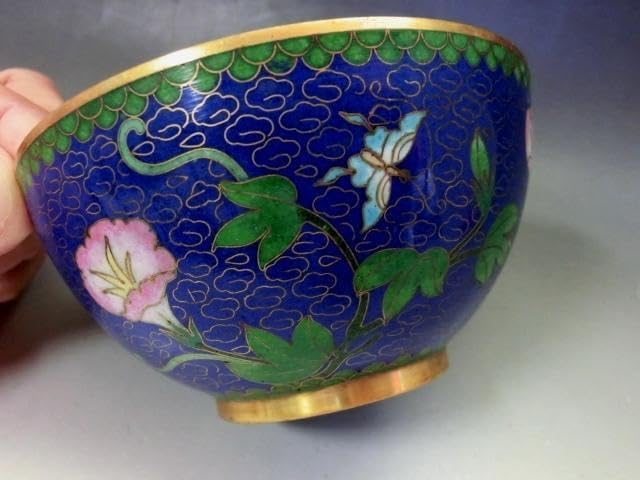 茶碗■銅胎有線七宝 藍地 七宝 朝顔 蝶紋 青 碗 ぐい呑み 古玩唐物 骨董品■ 茶碗銅胎有線七宝 藍地 七宝 朝顔 👞 蝶紋 青 碗 ぐい呑み